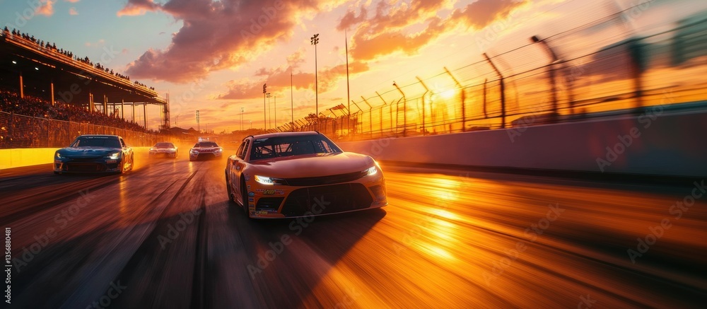 Obraz premium Multiple cars chasing lead racer on glowing sunset track, filled with energy and motion.