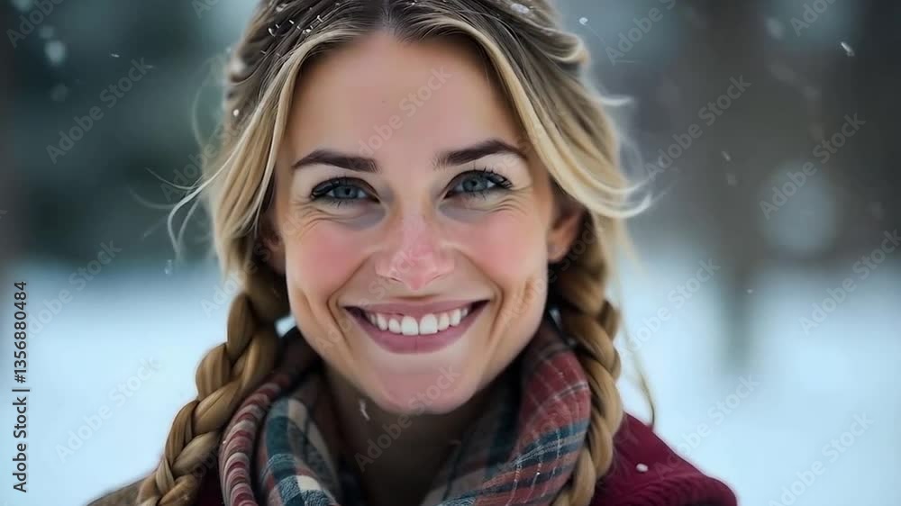 Pretty blonde woman smiling in a winter scene with snowflakes falling Pretty blonde woman smiling in a winter scene with snowflakes falling