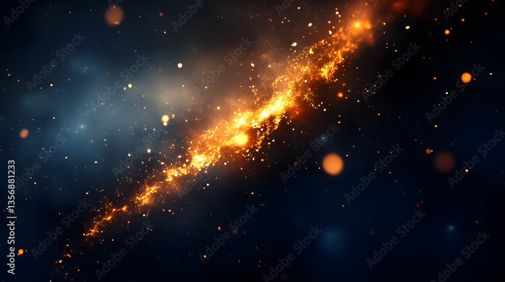 Obraz premium A stunning cosmic scene featuring a glowing, golden galaxy against a dark backdrop, filled with stars and celestial elements
