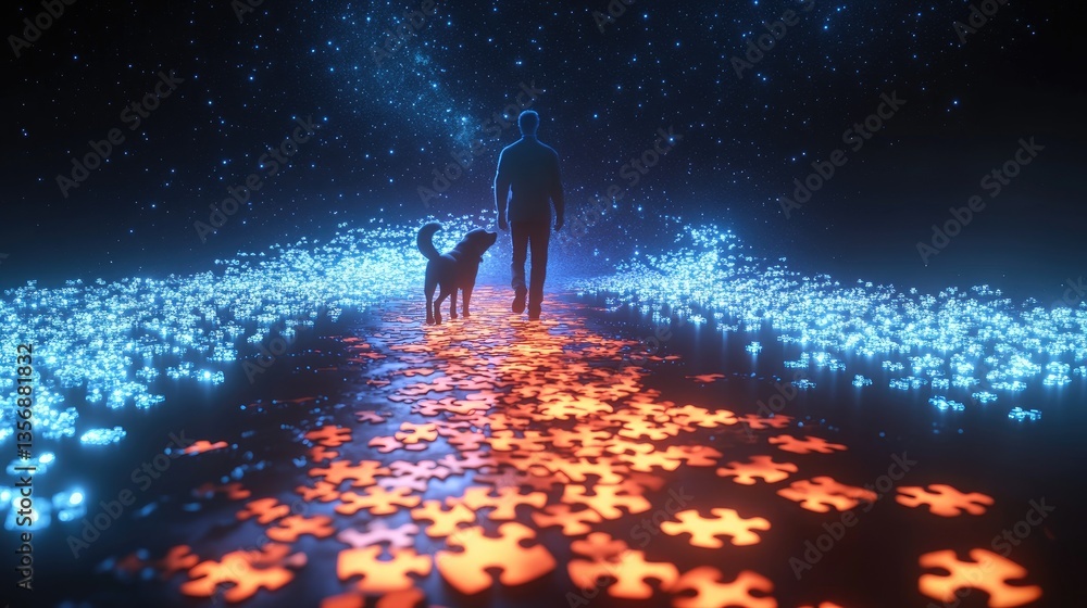 Naklejka premium A Person Walking with a Dog on a Colorful Path Made of Puzzle Pieces Leading to a Starry Universe with a Mystical Atmosphere