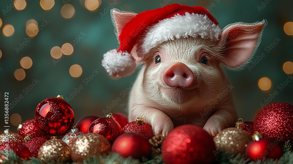 A jolly pig wearing a red Santa hat poses beside a stack of colorful ornaments, soft lighting enhances the bright reds, greens, and golds of the festive decor. A jolly pig wearing a red Santa hat poses beside a stack of colorful ornaments, soft lighting enhances the bright reds, greens, and golds of the festive decor.