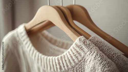 Cozy Knits on Hangers: Delicate knit sweaters, in a warm neutral tone, hang gracefully on wooden hangers, inviting touch and comfort, creating a sense of effortless style and home.