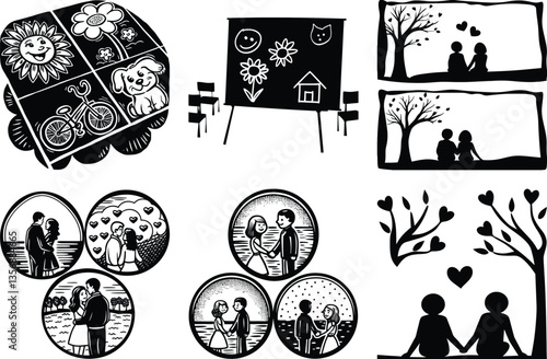 Black and White Vector Art: Love, Romance, Nature, and Childhood Drawings in a Whimsical, Graphic Style for Creative Projects