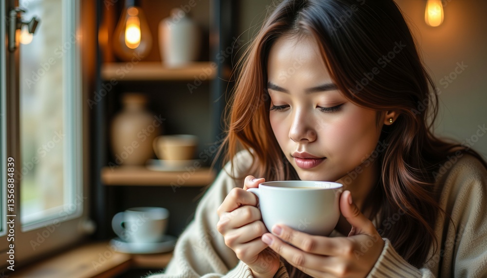 A woman is sitting on a couch holding a white coffee cup. She is looking out the window with a thoughtful expression on her face A woman is sitting on a couch holding a white coffee cup. She is looking out the window with a thoughtful expression on her face