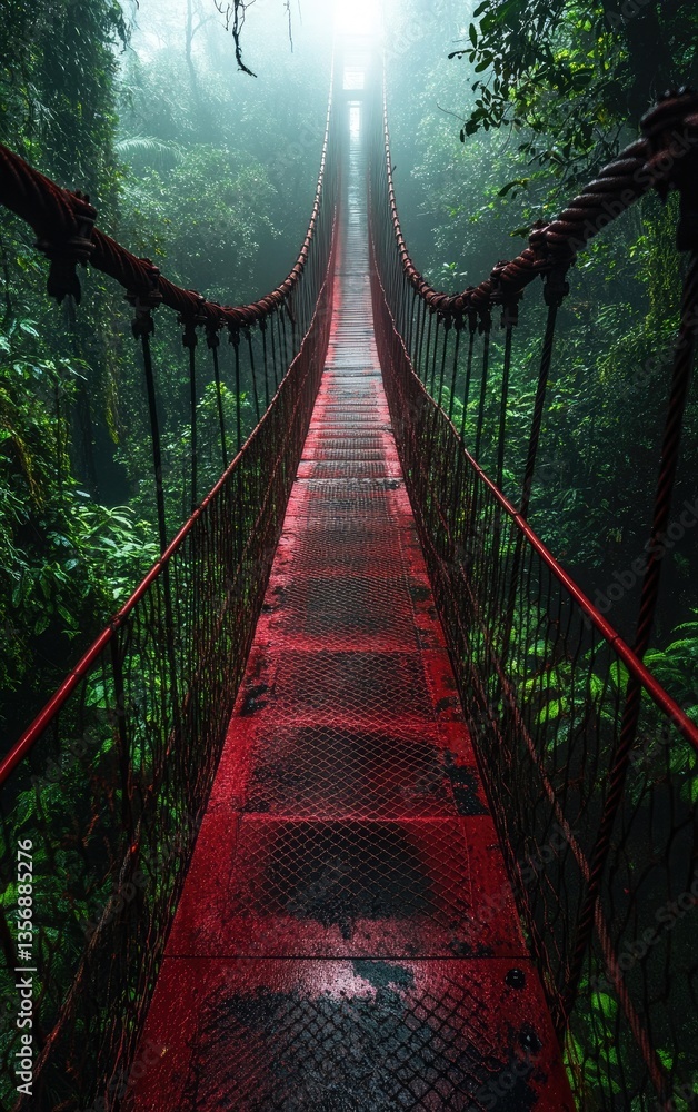 Fototapeta premium A red steel bridge in the jungle with fog and rain