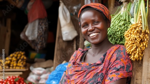 Smiling African Woman at Market Stall - Authenticity