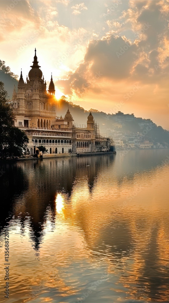 Fototapeta premium Bathe in the Golden Embrace of a Ganges Sunset with Temple Reflection Shimme on the Calm Water in Majestic Serenity