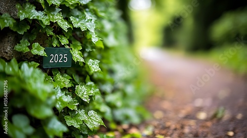 2025 sign on ivy-covered wall.