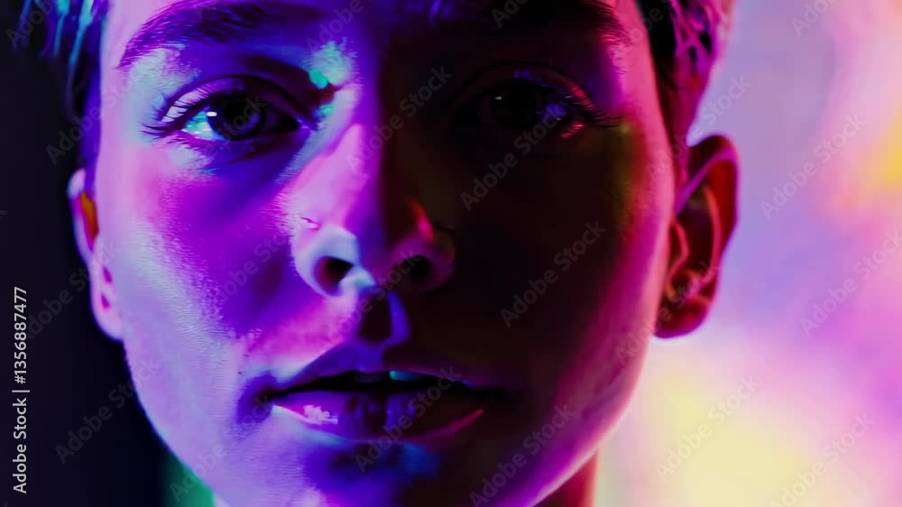 Vibrant portrait transitions: captivating neon light reflections on face. 4k stock footage Vibrant portrait transitions: captivating neon light reflections on face. 4k stock footage