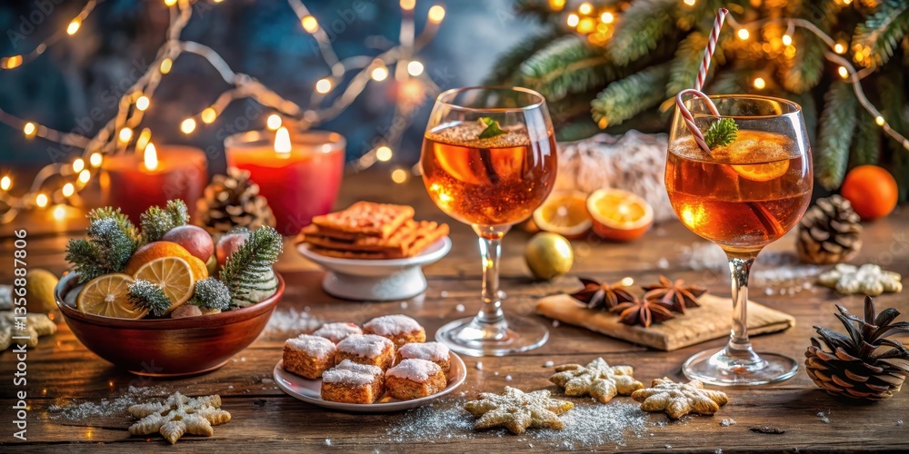 Cozy winter evening ambiance with Aperol Spritz and an array of sweet treats on a festively decorated table featuring twinkling lights and snowflakes, twinkling lights, holiday desserts Cozy winter evening ambiance with Aperol Spritz and an array of sweet treats on a festively decorated table featuring twinkling lights and snowflakes, twinkling lights, holiday desserts