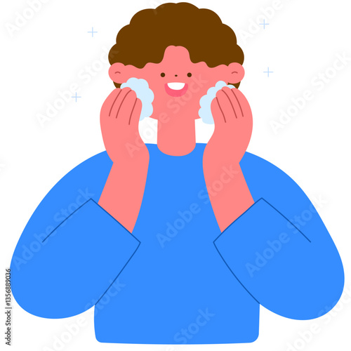 happy man cleansing his face with bubbly foam, skincare routine flat vector illustration