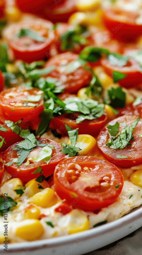 Fresh tomato and corn salad garnished with basil and herbs for a vibrant summer dish Fresh tomato and corn salad garnished with basil and herbs for a vibrant summer dish