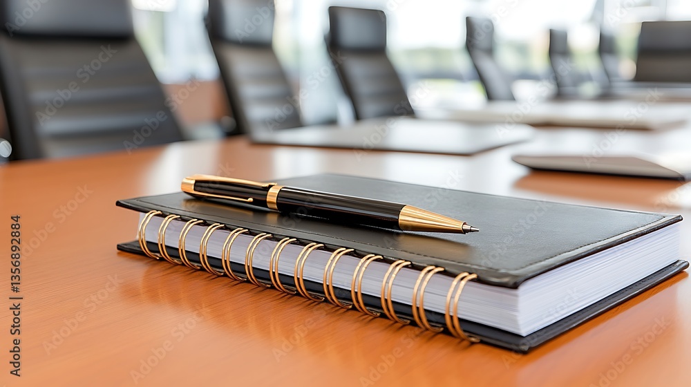 Executive Notebook and Pen on Conference Table Business Meeting Preparation Concept Executive Notebook and Pen on Conference Table Business Meeting Preparation Concept