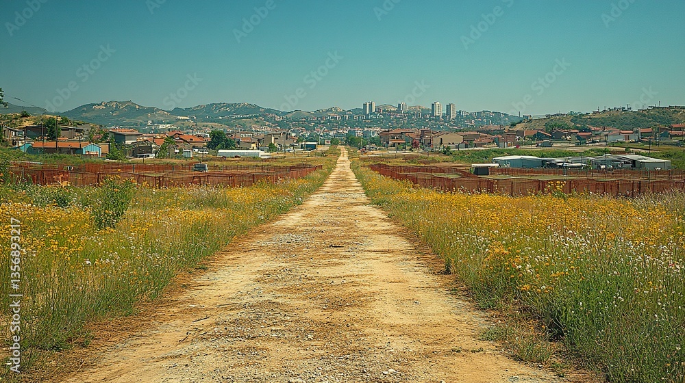 Fototapeta premium A pig farm sprawls across open fields in a wide-angle shot, showing pens and pathways, with a town's tall buildings peeking above the horizon under a clear blue sky 