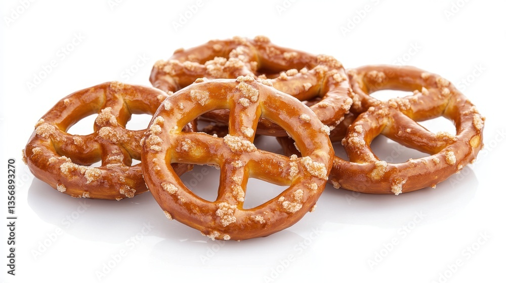 Delicious golden brown pretzels with coarse salt crystals on a reflective white surface studio shot food photography Delicious golden brown pretzels with coarse salt crystals on a reflective white surface studio shot food photography