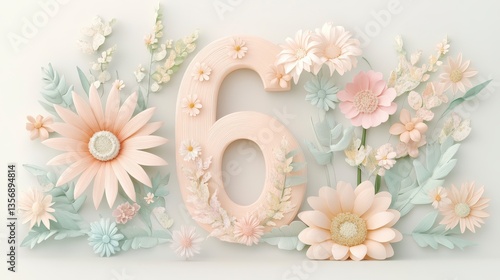 Number Six Surrounded by Pastel Paper Flowers and Delicate Greenery