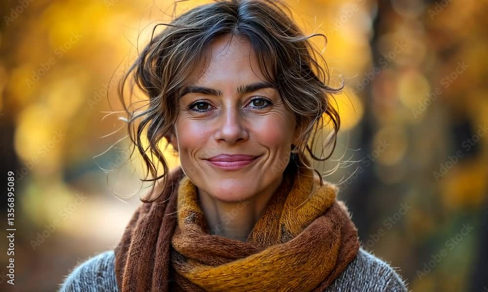 Smiling middle-aged caucasian woman in warm scarf and coat standing outdoors in autumn park. Concept of natural beauty and seasonal lifestyle Smiling middle-aged caucasian woman in warm scarf and coat standing outdoors in autumn park. Concept of natural beauty and seasonal lifestyle