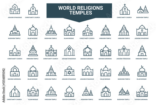 outlined icons world religion temples churches mosques synagogues, symbol culture outline faith