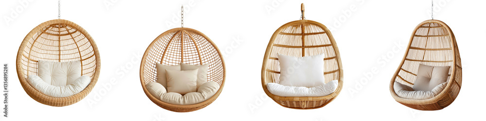 Fototapeta premium Stylish wicker hanging chairs with cushions provide a cozy secluded spot for relaxation and contemplation suspended above the ground and surrounded by a natural bohemian inspired canopy