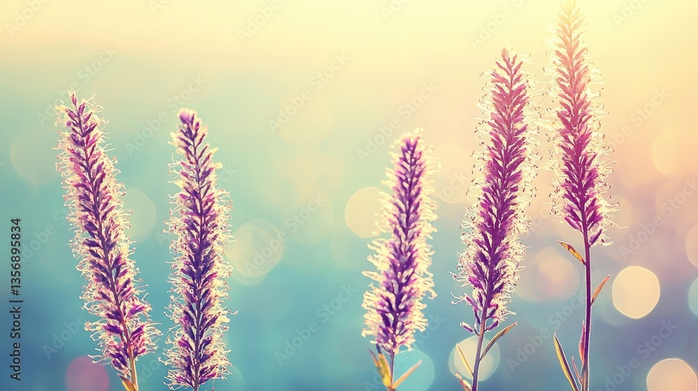 Obraz premium Pastel wildflowers in sunlight; peaceful summer meadow; background bokeh; nature wallpaper