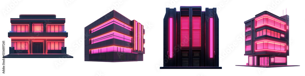 Fototapeta premium A collection of sleek angular buildings with bold geometric facades illuminated by striking neon pink and purple lighting creating a dynamic and futuristic cityscape