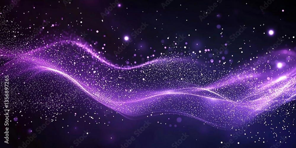 Fototapeta premium Digital purple particles wave and light abstract background with shining dots stars. Generative AI