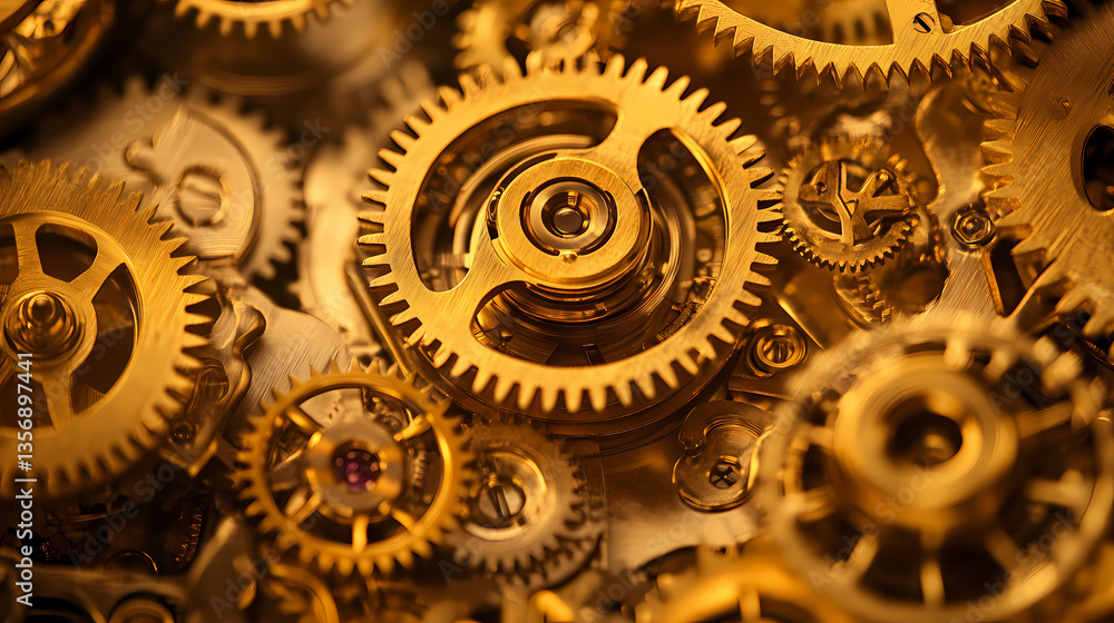 Intricate Gears: A close-up shot showcasing an array of intricate golden gears, their metallic surfaces glistening under the light, suggesting precision and complexity. Intricate Gears: A close-up shot showcasing an array of intricate golden gears, their metallic surfaces glistening under the light, suggesting precision and complexity.