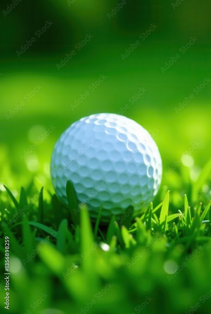 A Close-Up View of a Golf Ball Resting on a Lush Green Lawn, Ready for the Next Swing A Close-Up View of a Golf Ball Resting on a Lush Green Lawn, Ready for the Next Swing