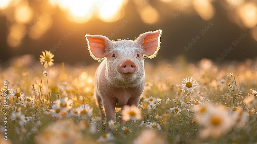 A pink pig stands in a vibrant meadow, surrounded by tall grass and wildflowers, warm sunlight highlights its glossy coat, close-up for a peaceful vibe. A pink pig stands in a vibrant meadow, surrounded by tall grass and wildflowers, warm sunlight highlights its glossy coat, close-up for a peaceful vibe.