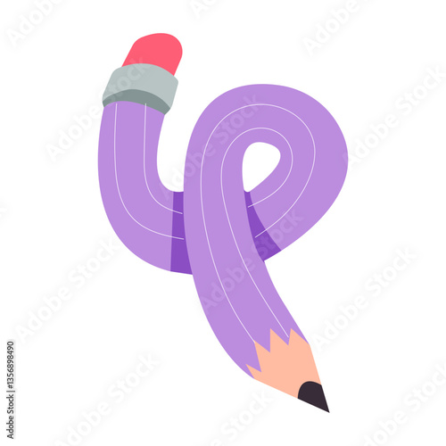 Twisted curved comic pencil doodle sketchy. Line hand drawn simple pencil. Funky flexible school supplies. Trendy writing tool
