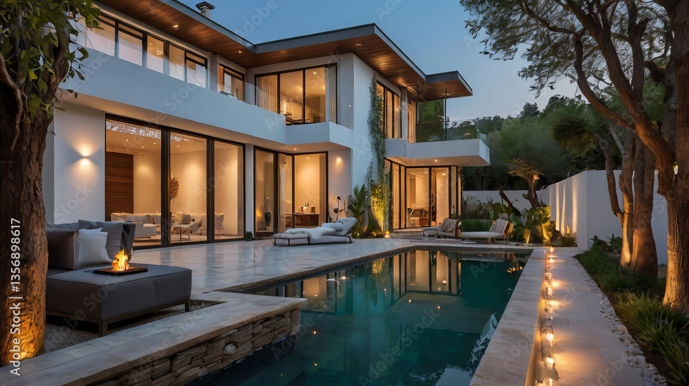 Fototapeta premium Modern luxury villa with an illuminated pool at dusk, featuring elegant landscaping and large glass windows.