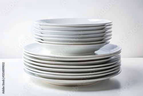 Stack of Clean White Plates Minimalist Kitchenware Ready for a Meal Service on a Bright White Background