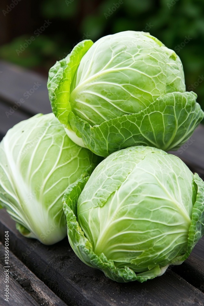 Fototapeta premium Fresh green cabbages stacked on a wooden table, showcasing their vibrant color
