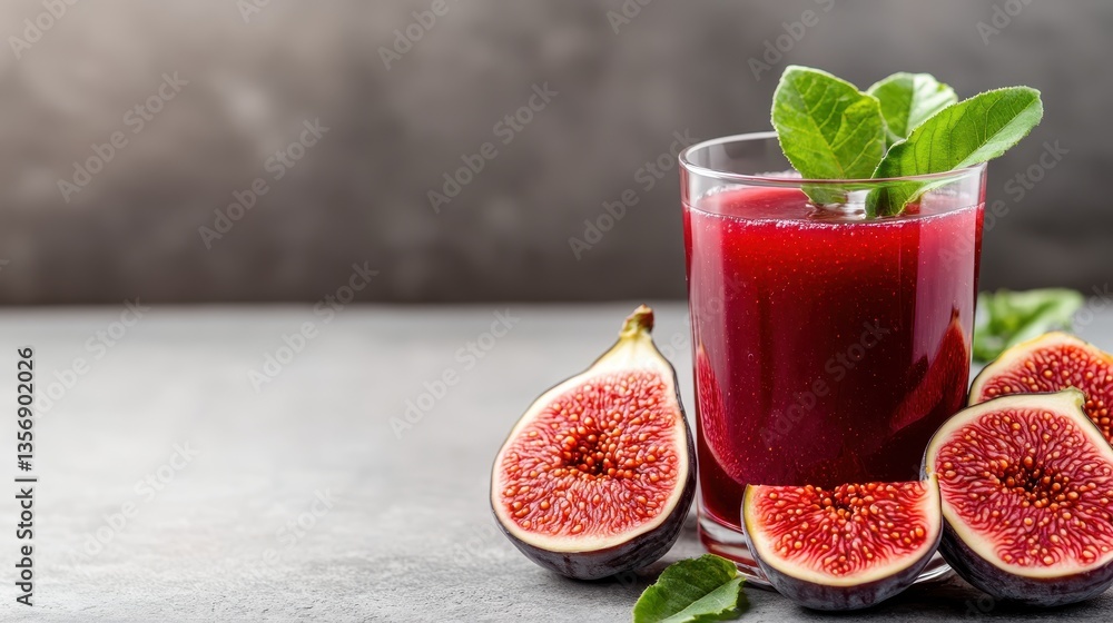 A vibrant red fig juice is served in a glass with fresh fig halves and mint leaves arranged beautifully, showcasing a stunning visual perfect for summer and festive occasions. A vibrant red fig juice is served in a glass with fresh fig halves and mint leaves arranged beautifully, showcasing a stunning visual perfect for summer and festive occasions.
