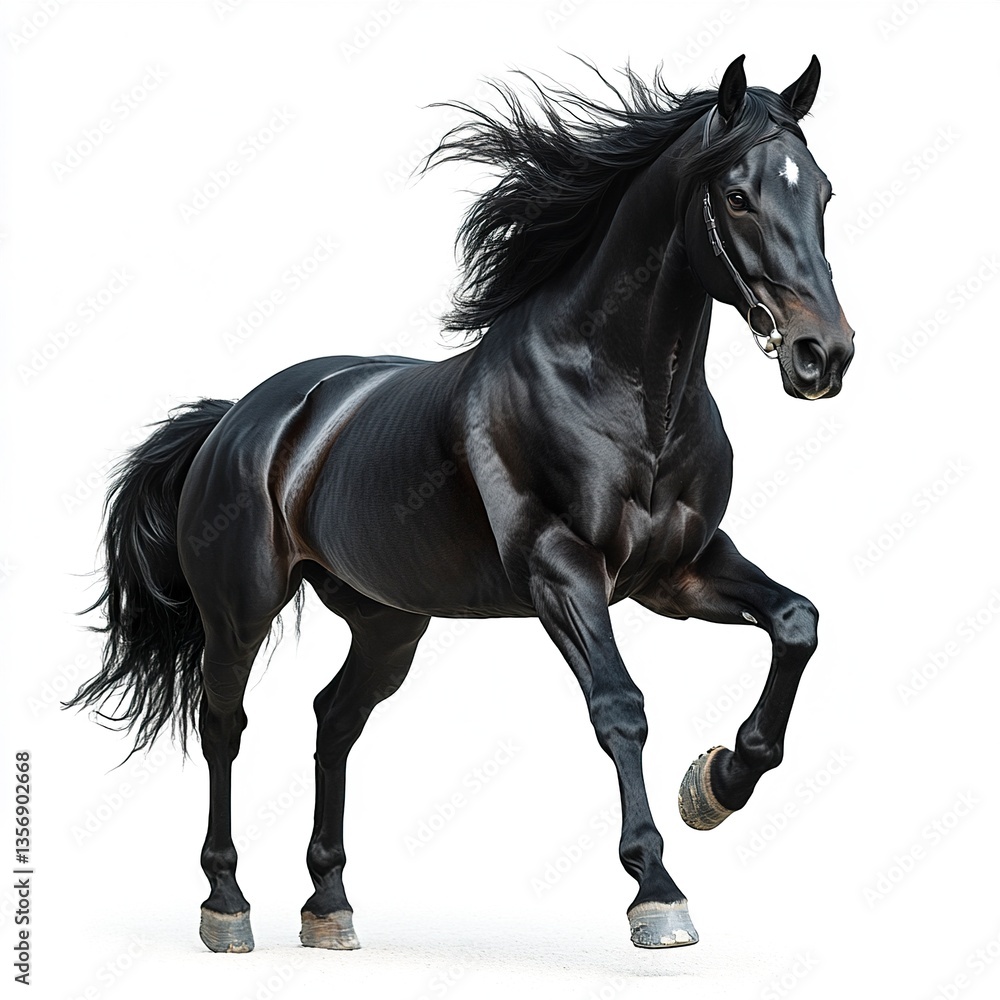 Obraz premium A powerful black horse rearing up on its hind legs, mane cascading dramatically in the wind, isolated against a pure white background for a striking, bold visual. 