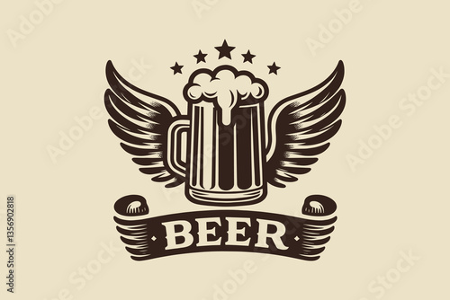  Beer mug with wings and stars, vintage style emblem
