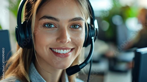 Friendly customer service representative wearing headset assisting clients online