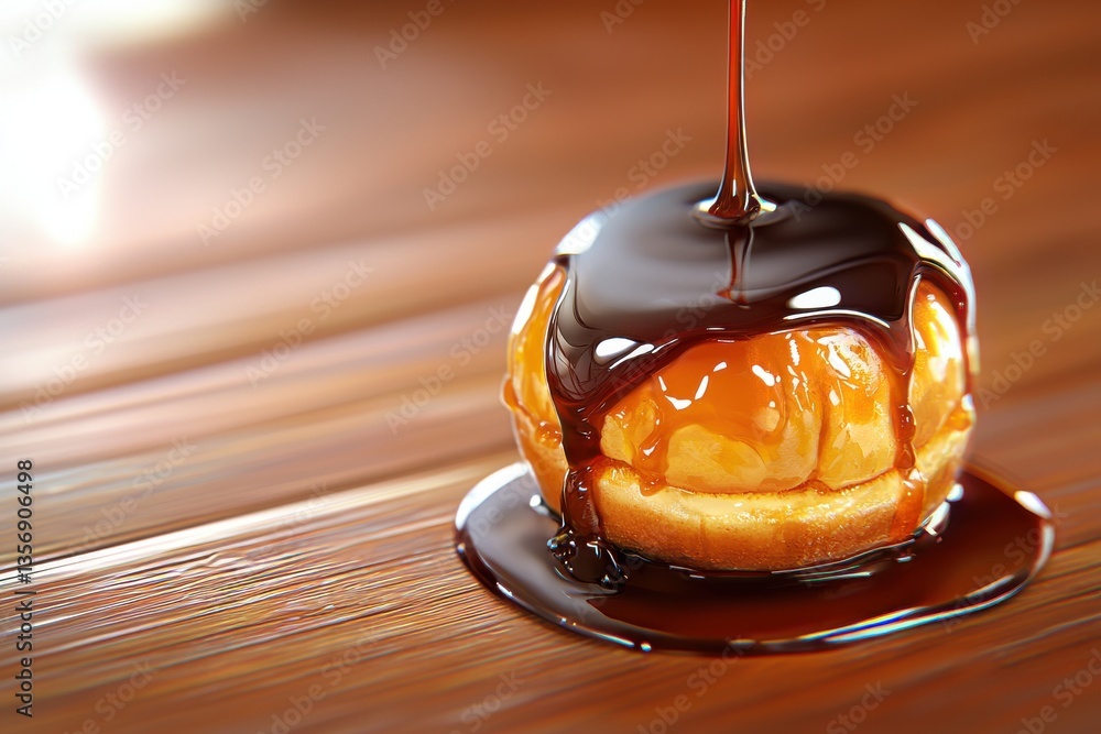 Master chef layers rich caramel and decadent chocolate ganache on a golden profiterole in a beautifully sunlit kitchen scene
