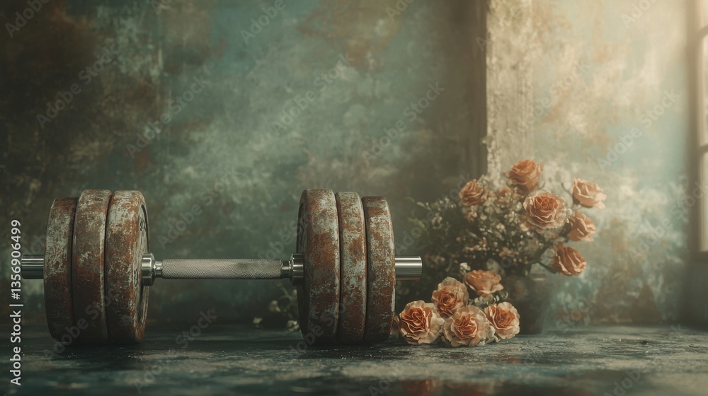Sunlit gym with tarnished dumbbells shining like trophies beside a lovely bouquet of peach roses creating a vibrant scene