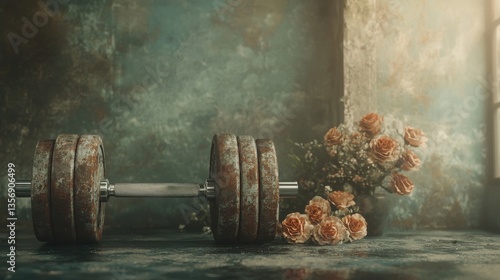 Sunlit gym with tarnished dumbbells shining like trophies beside a lovely bouquet of peach roses creating a vibrant scene