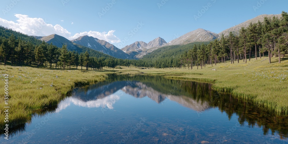 Misty mountain valley with whispe pines and a reflective lake mirro majestic peaks beneath a serene tranquil sky