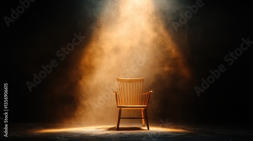 This image features a wooden chair illuminated by a spotlight in a darkened space, evoking feelings of solitude and contemplation in a dramatic setting.