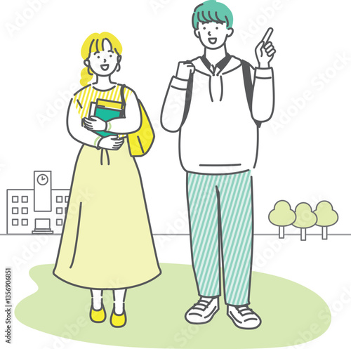校内で会話を楽しみながら歩く男女の大学生友達のイラスト素材