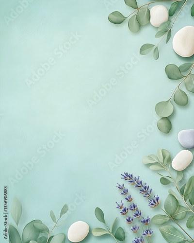 Minimalist Spa Background with Greenery and Lavender on Pastel Surface