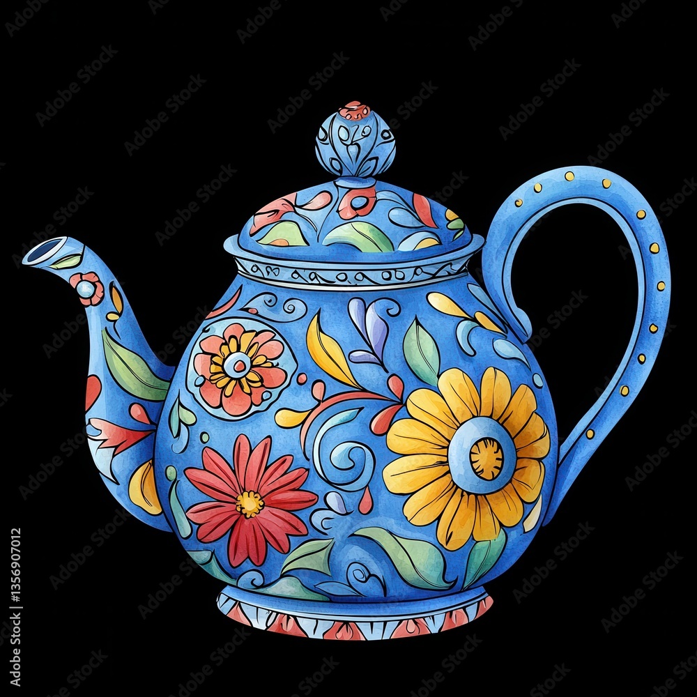 Vibrant Watercolor Victorian Stained Glass Style Blue Teapot with Colorful Floral Designs and Intricate Detailing Artwork