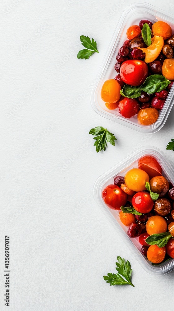Two Clear Plastic Containers Overflowing with Colorful Fresh Vegetables and Vivid Cherry Tomatoes Garnished with Parsley Sprigs