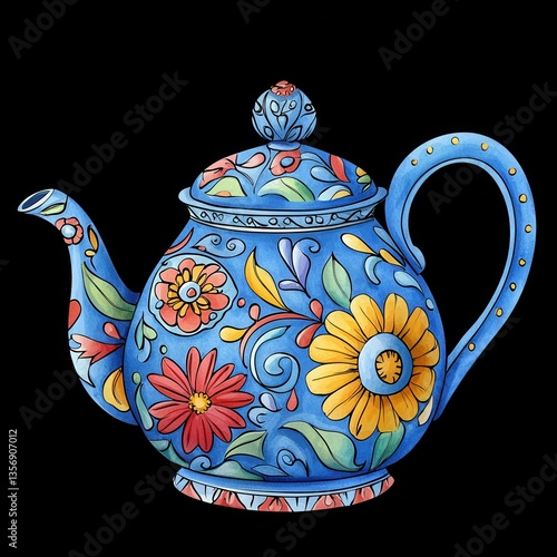Obraz na płótnie Vibrant Watercolor Victorian Stained Glass Style Blue Teapot with Colorful Floral Designs and Intricate Detailing Artwork w salonie