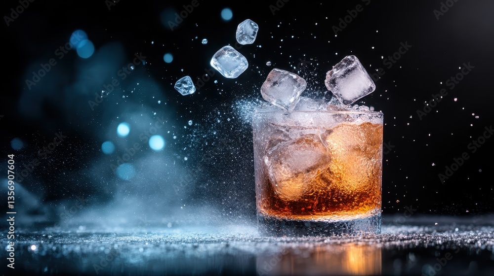 A dramatic and vibrant shot capturing the splash of ice cubes in a glass of brown drink, evoking excitement and a zest for life amidst artistic visual flair. A dramatic and vibrant shot capturing the splash of ice cubes in a glass of brown drink, evoking excitement and a zest for life amidst artistic visual flair.