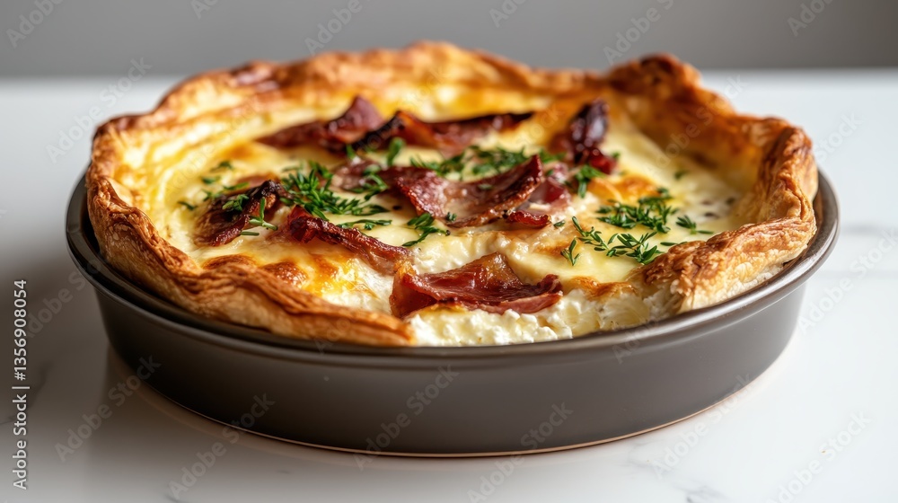 A flavorful quiche topped with crispy bacon and aromatic herbs, creating a delicious dish that tantalizes the taste buds and makes a perfect meal for any occasion. A flavorful quiche topped with crispy bacon and aromatic herbs, creating a delicious dish that tantalizes the taste buds and makes a perfect meal for any occasion.