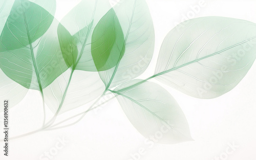Delicate Green Leaf Veins on White Background, Botanical Art, Minimalist Design